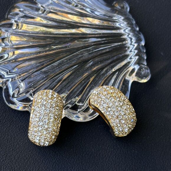 CHRISTIAN DIOR EARRINGS Vintage Pave Rhinestone SIGNED Half Hoop Clip On - Picture 1 of 6